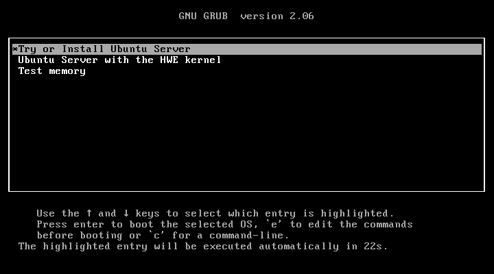 GRUBの「Try or Install Ubuntu Server」を選択